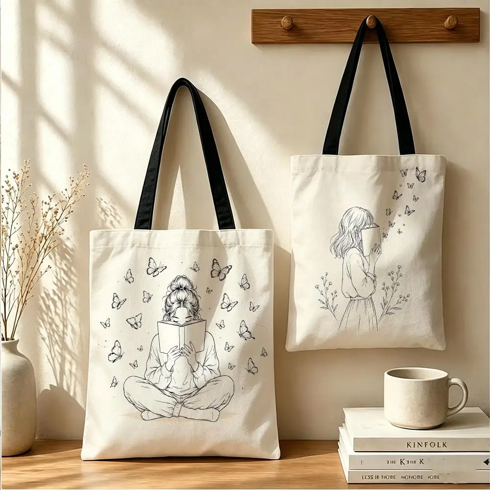 Cozy Reading Girls Storage Bags Fashion Double-Sided Tote Large Reusable Shopping Versatile Daily Handbag &Gift