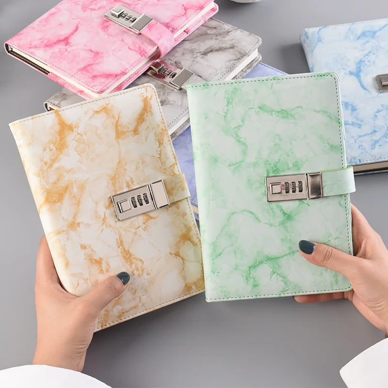 Business Notepad Password Notebook Macaron Marble Pattern Student Diary With Lock Office Journal Stationery Leather Loose Leaf