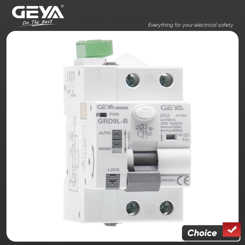 Geya Dispositivo Auto-reclusivo Automático Rcd Smart Breaker tipo ac Grd9l-r Rccb 2p 40a 30ma 100ma 300ma