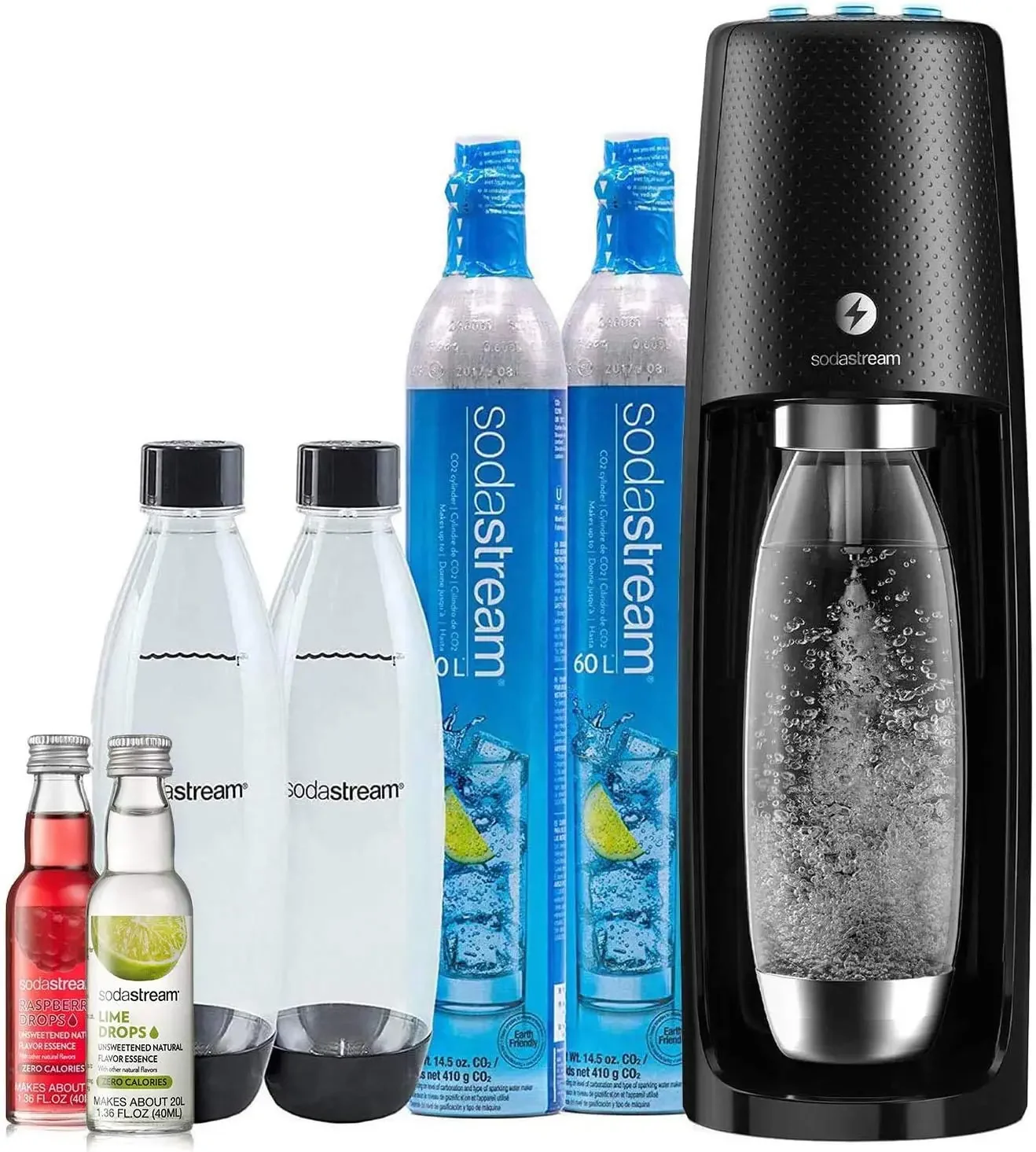 One Touch Electric Sparkling Water Maker Bundle (Black) with  free Bottles, and 0 Calorie Fruit Drops Flavors