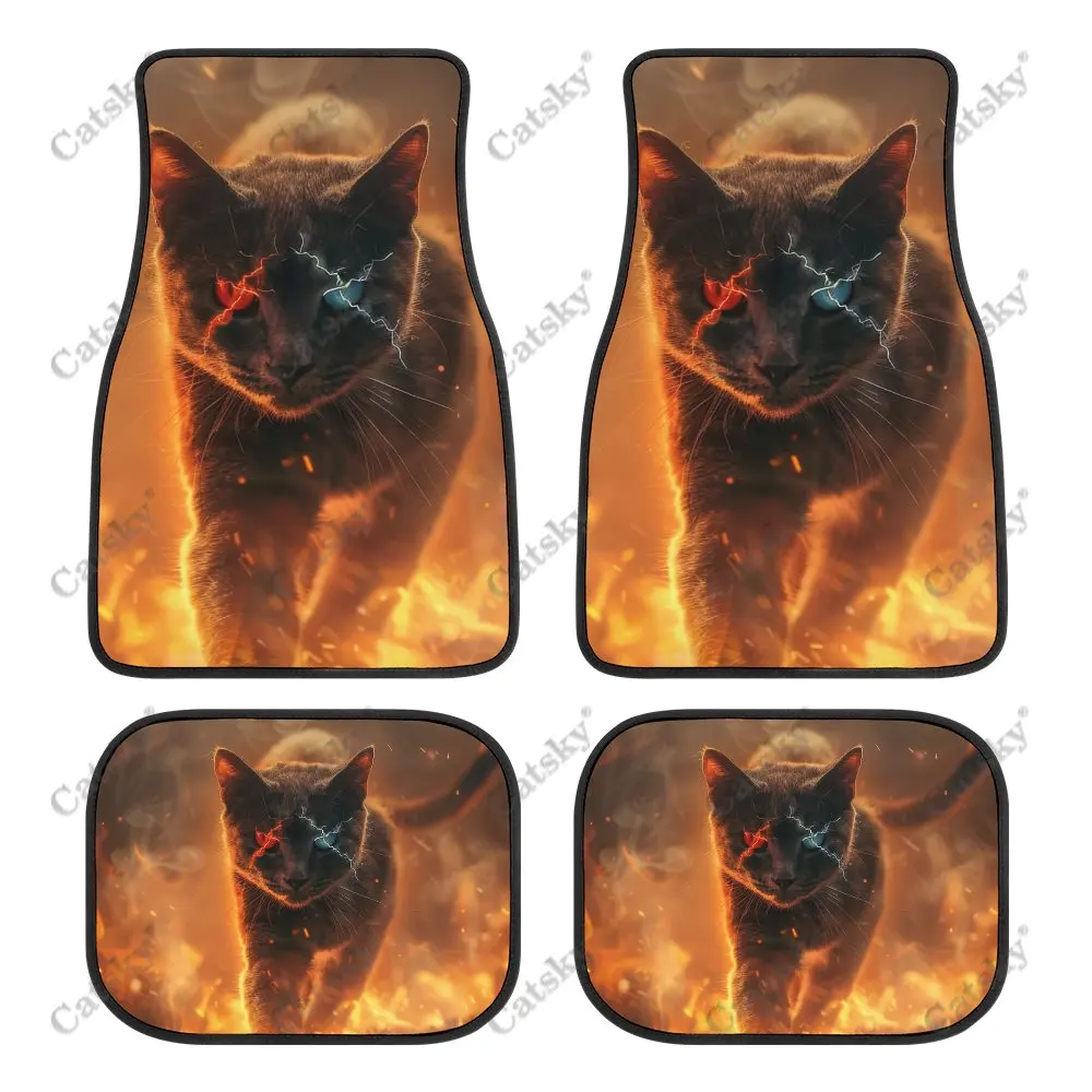 Cat with Red and Blue Eyes Car Floor Mats 4-piece Front Rear Carpet Stain-resistant Suitable for SUV Truck Interior Decoration