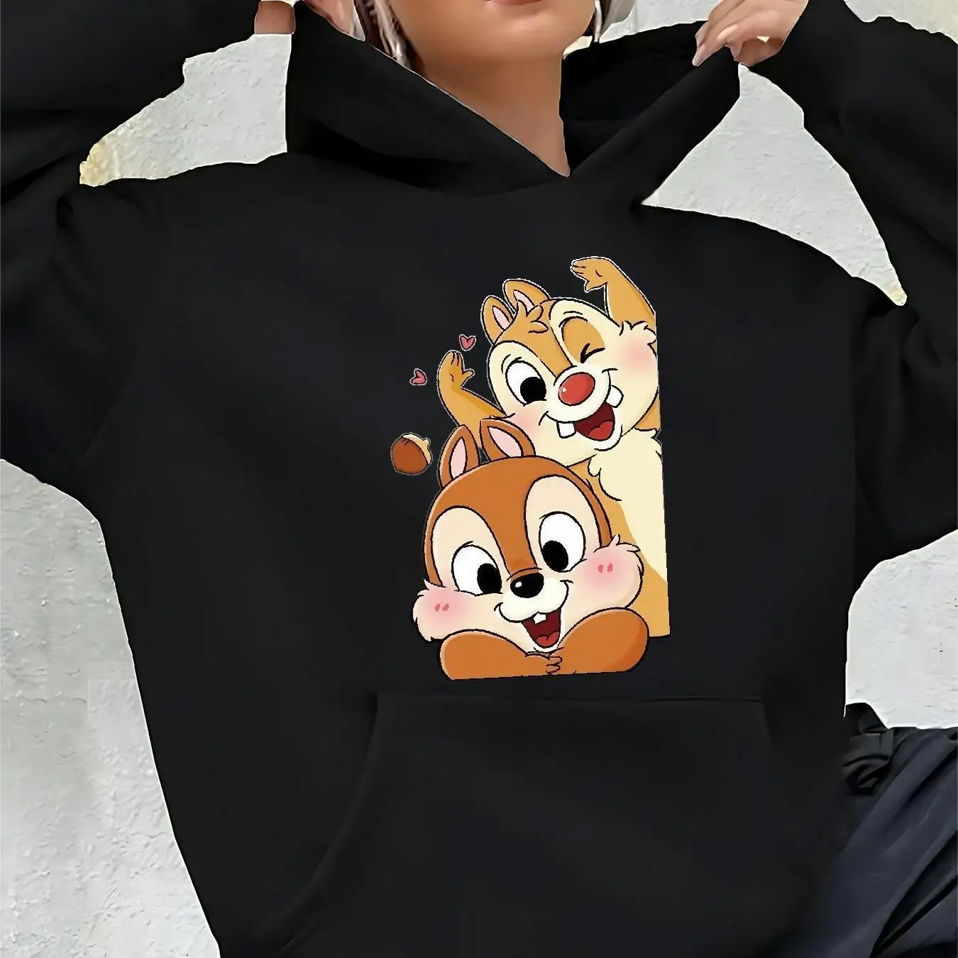 ディズニーチップとデールパターン女性パーカー秋冬カジュアルユニセックスプルオーバースウェットシャツ服パーカーストリートウェアオーバーサイズ