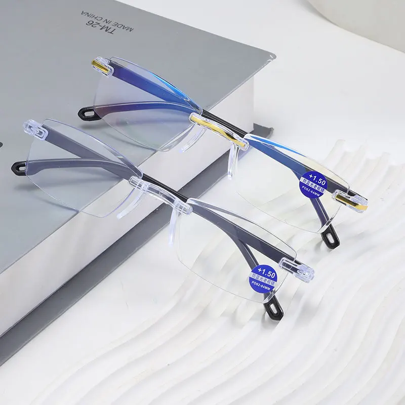 2025, neue rahmenlose, minimalistische Hot-Stamping-Lesebrille mit Schnittkante, hochauflösende Anti-Blaulicht-Lesebrille mit Presbyopie-Display