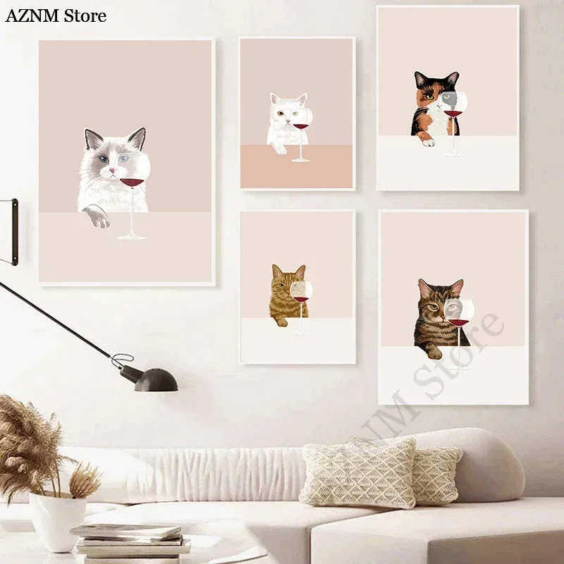 Pintura en lienzo de gatos bonitos minimalistas con vino, arte de pared de animales de gatito Kawaii, impresión para sala de estar, decoración del hogar, Cuadros