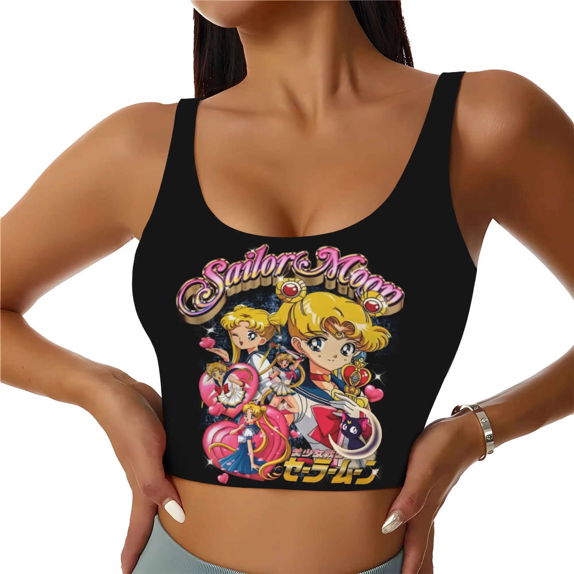 Custom Sailors Anime Moons High Impact Sports Bras Women Usagi Tsukino Seamless Workout Yoga Crop Tank Tops