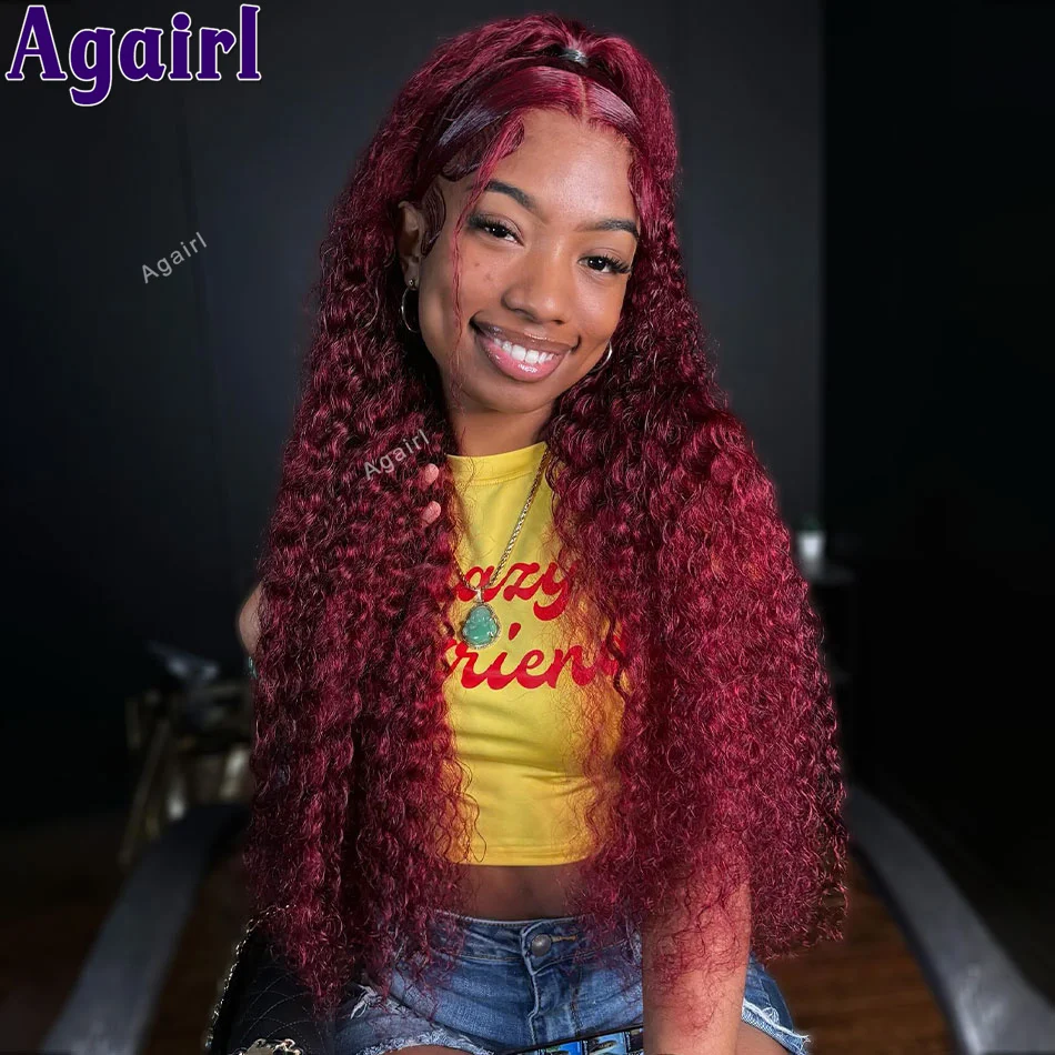 Burgundy 13x4 Lace Frontal Ready Go Wig rambut manusia merah gelap 99J 13x6 renda depan Kinky Curly Wig untuk hitam wanita preplock 200%