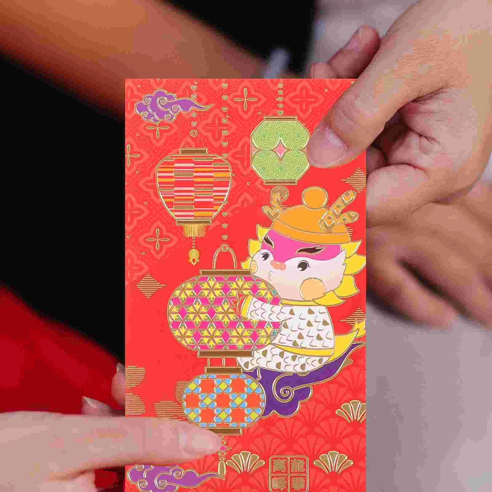 6 Pcs Red Envelope Cute Chinese Style 2024 New Year Bronzing Cartoon Dragon Mixed Pack Gift Cards Purse 168x88cm Paper For