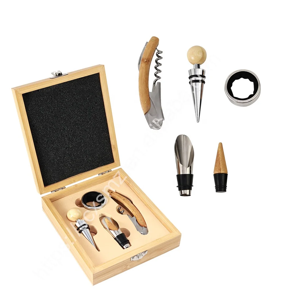 

Manufacturer 4pcs Premium Wine Gift Set, Unique Wine Bottle Opener Corkscrew Bamboo Business Gift Sets For Wine Accessories