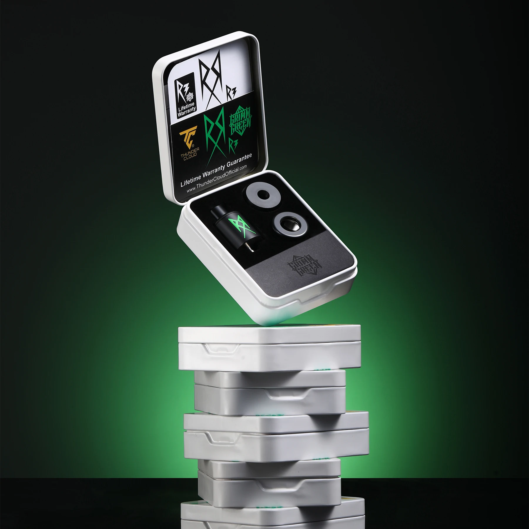 Neuester ThunderCloud X GRIMM GREEN Recoil R3 RDA-Tank 24 mm Recoil Angled Postless Build Deck 510-Gewinde BF Pin Vape Zerstäuber