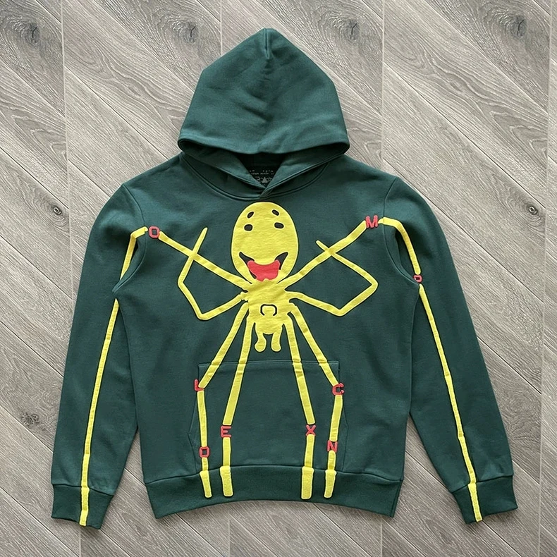 

Free shipping green pure cotton fabric foam smiling face spider print CPFM XYZ hooded sweatshirt for men and women