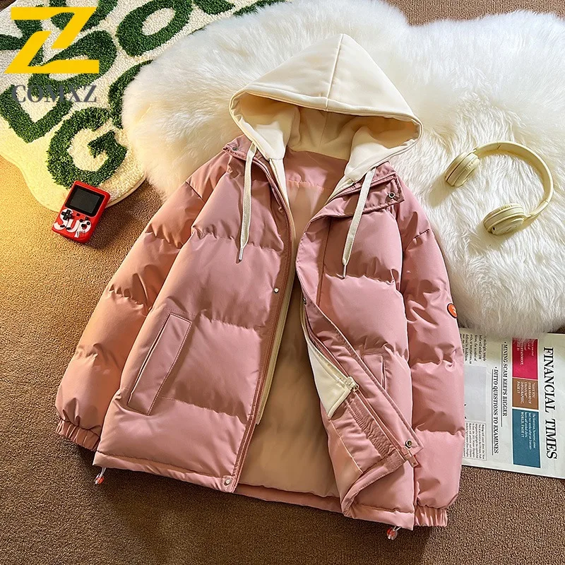 COMXZ 2025 Mens Womens American Style Fake Two Piece Hooded Puffer Jacket Winter Windproof Thickened lightweight windbreaker