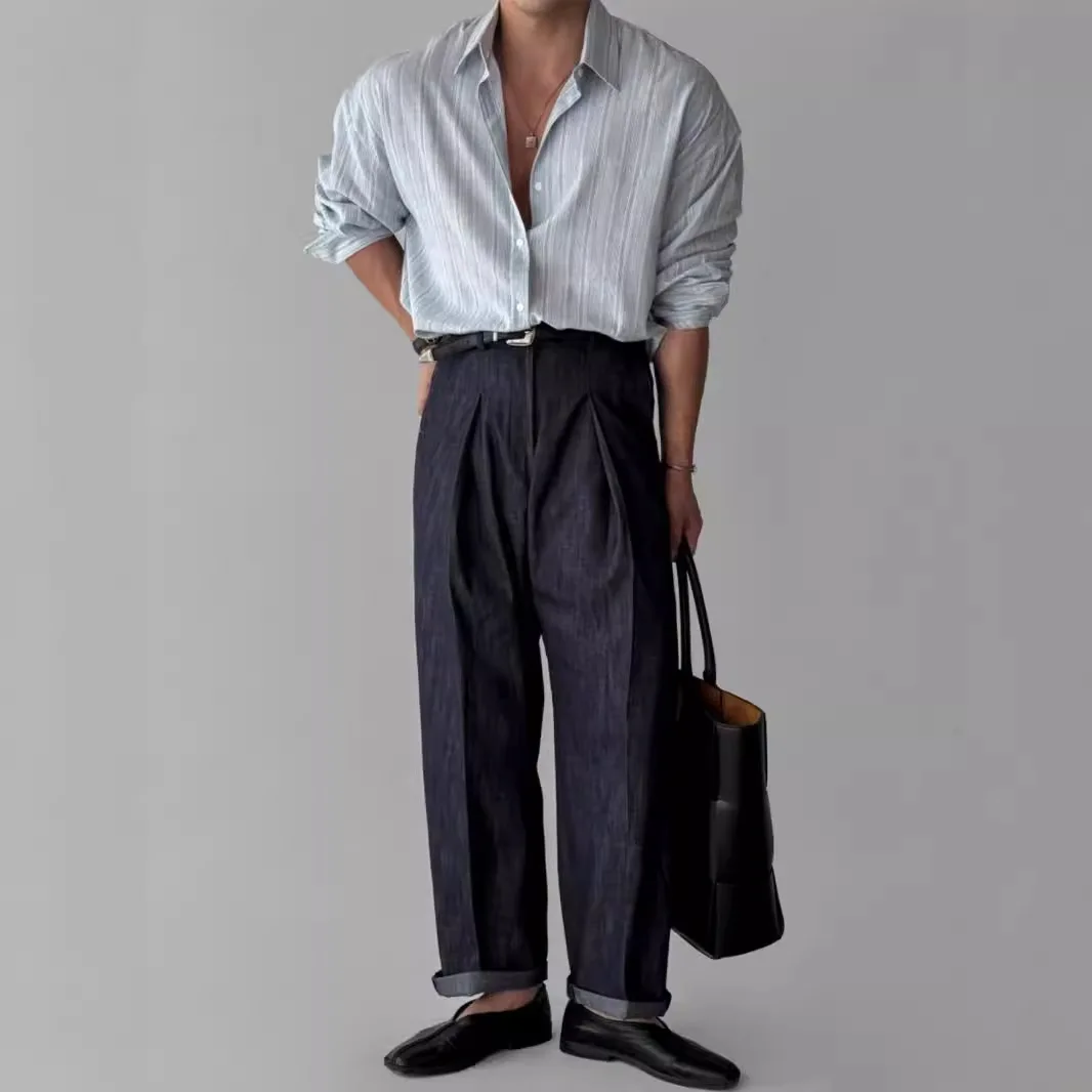 Men's Shirts 2025 Autumn Linen Striped Long Sleeve Shirt Office Suit Mature Casual Wrinkle Resistant Lightweight Blue Shirts