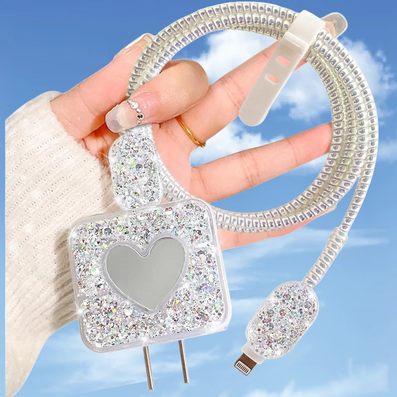 Charger Cable Protector Mirror Glitter Love Heart Design For IPhone 15 14 13 18W 20W Charger Data Line Spiral Winder Protective