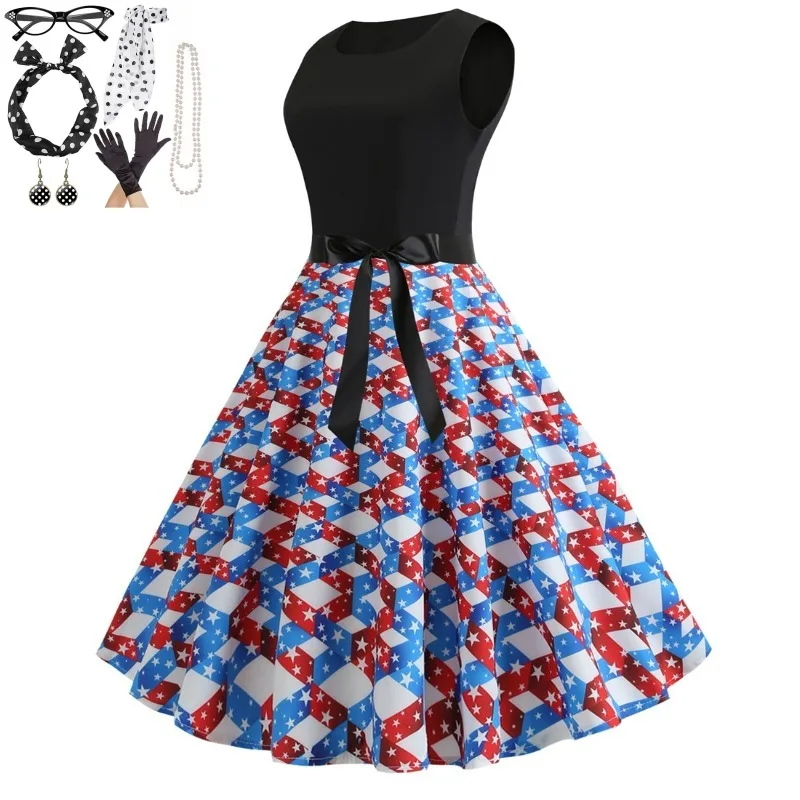 USA Flag Print 1950s Hepburn Patchwork Dress with Jewelry Set Earring Necklace Women Summer Party Evening Dresses Streetwear