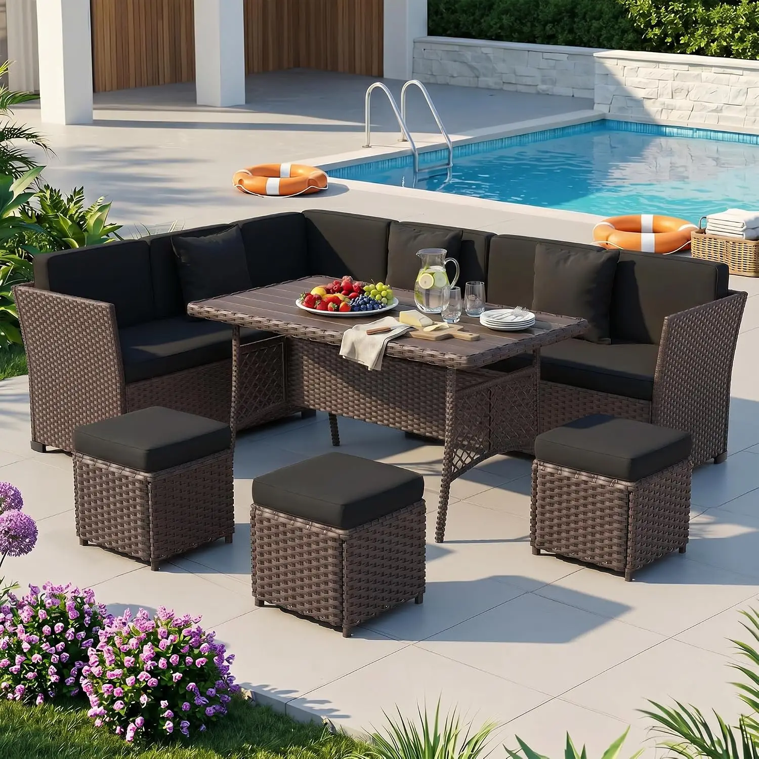 All Weather Rattan Outdoor Dining Sectional Sofa Set with Large Table & Ottoman, 7 Pieces, Brown-Black, Customized