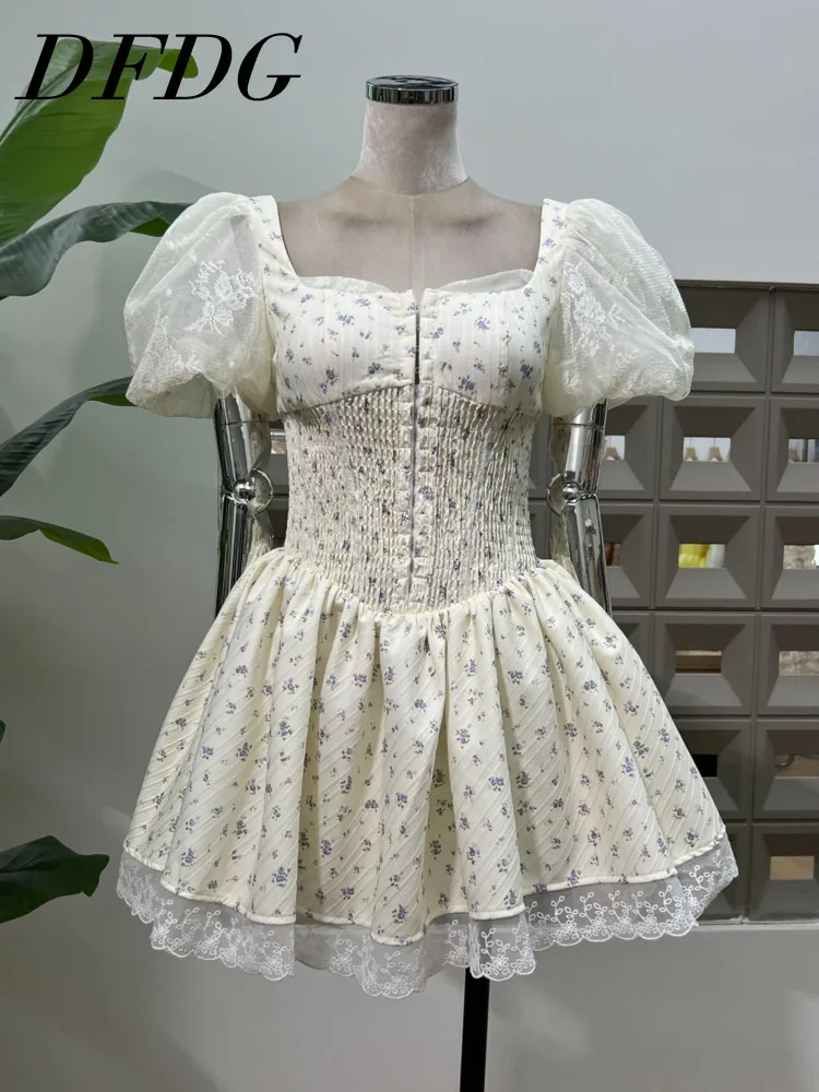 فستان DFDG نسائي فرنسي مزين بالزهور وأكمام منتفخة وأزرار أمامية على شكل حرف a للربيع والصيف والحفلات المسائية اليومية