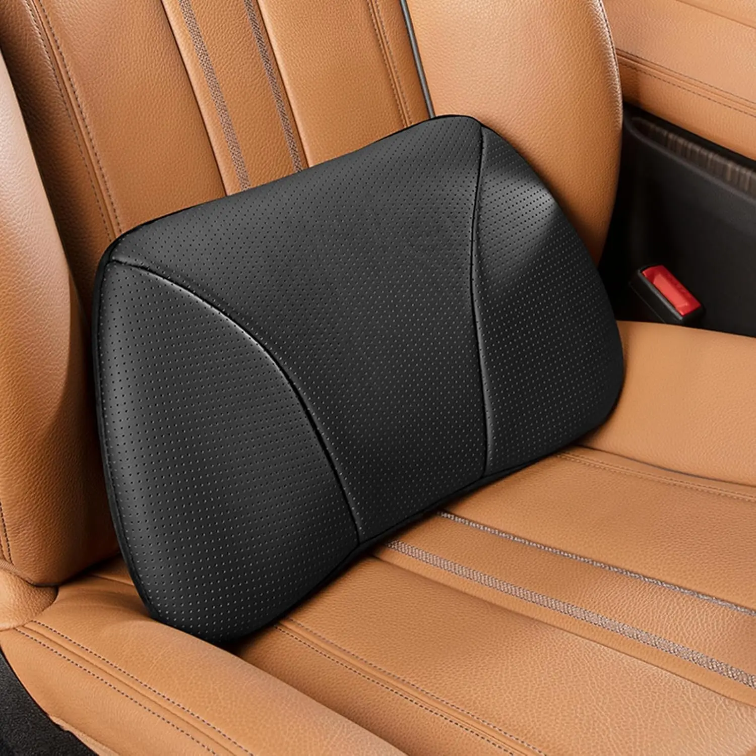Genuine Leather Lumbar Support Pillow, Back Pain Relief Cushion for Car & Office, Memory Foam, Portable 15.5"Lx8.7"H