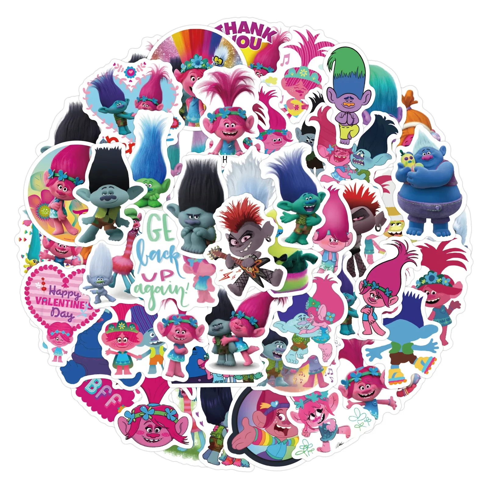 60 pçs trolls dos desenhos animados adesivos animação filme decalques scrapbook bagagem portátil guitarra carro bicicleta skate adesivo brinquedo