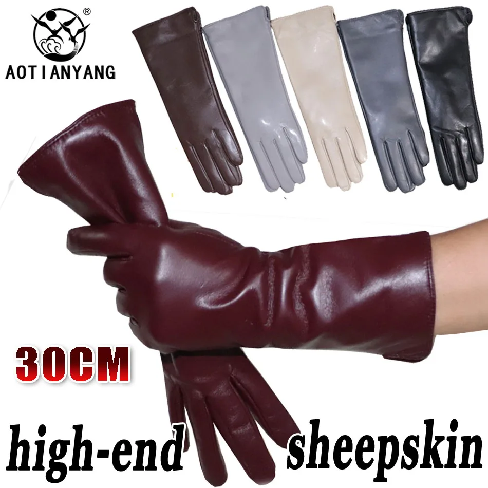 AOTIANYANG Leather Gloves 100% sheepskin mid-length colored fleece for cold and warm winter women\'s long arm sleeves for driving