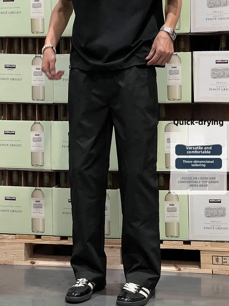 

Entong Men's Casual Loose Straight Leg Pants Lightweight Summer Faion High Street Sle Bla Slanted Cut Daily Wear