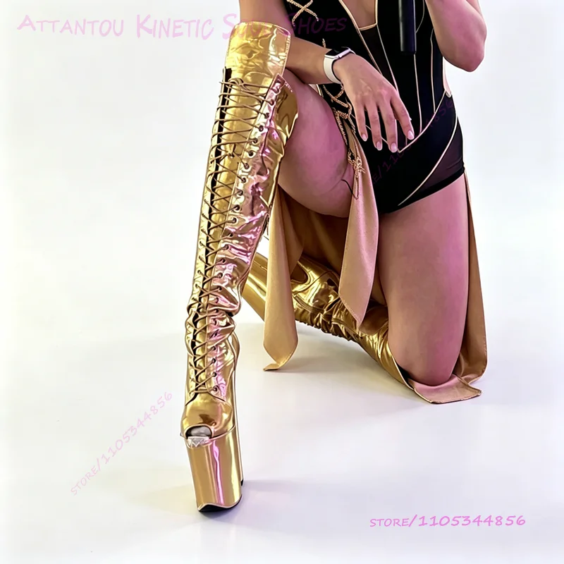 Gold Bling Shiny Peep Toe Knee Boot 20cm 8 Inch Pole Dancer Women Platform Strappy Gretel Patent Leather Custom Color Stage Shoe