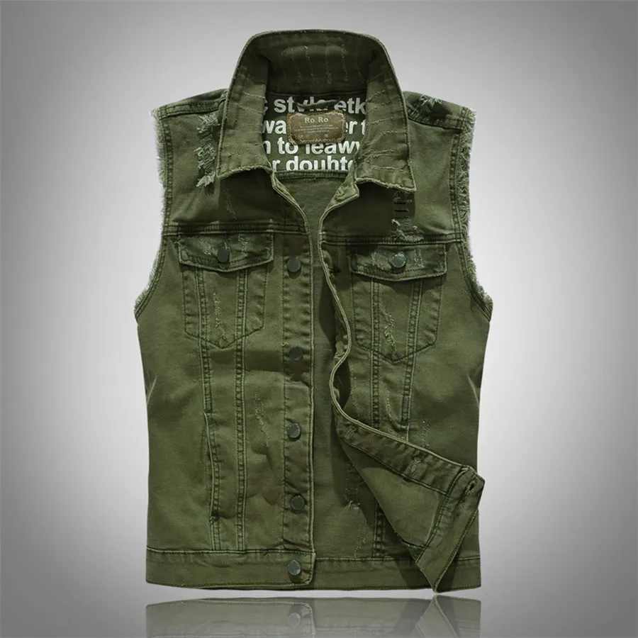 2024 New Slim Fit Men Sleeveless Jacket Green Ripped Denim Vest Men's Casual Waistcoat Orange Cowboy Jeans Coat Oversize 5XL