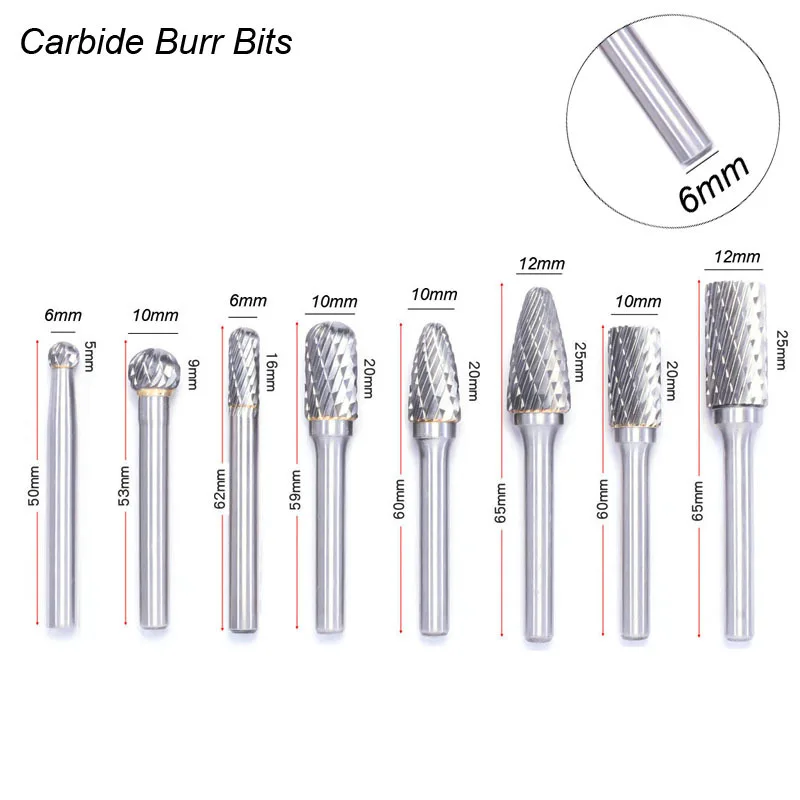 

6 мм хвостовик 1/4 "фреза металл дерево алюминий шлифовальные сверла вольфрам карбид заусенцы ротационная резка Dremel заусенцы твердая сталь
