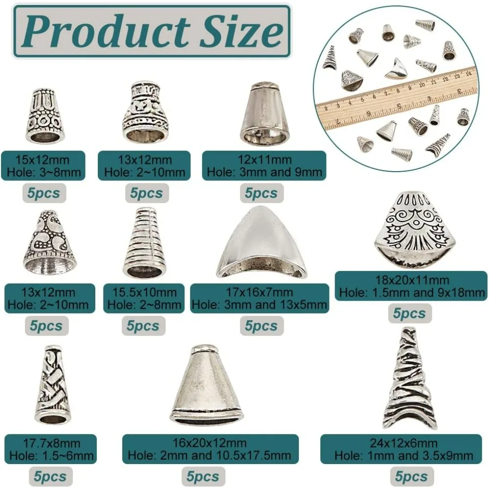 50 Pcs Cone Bead Caps, 10 Styles Tibetan Style Alloy Flower Spacer Beads End Caps Antique Silver Spacer Beads Caps Bead Cone