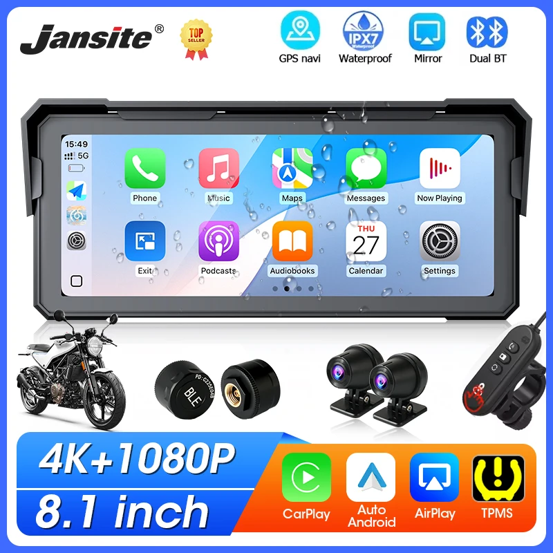 

Портативный 8,1-дюймовый мотоциклетный сенсорный экран с 4K DVR, GPS-навигацией, беспроводным CarPlay, Android Auto, мото-рекордером, монитором и защитой от воды IPX7