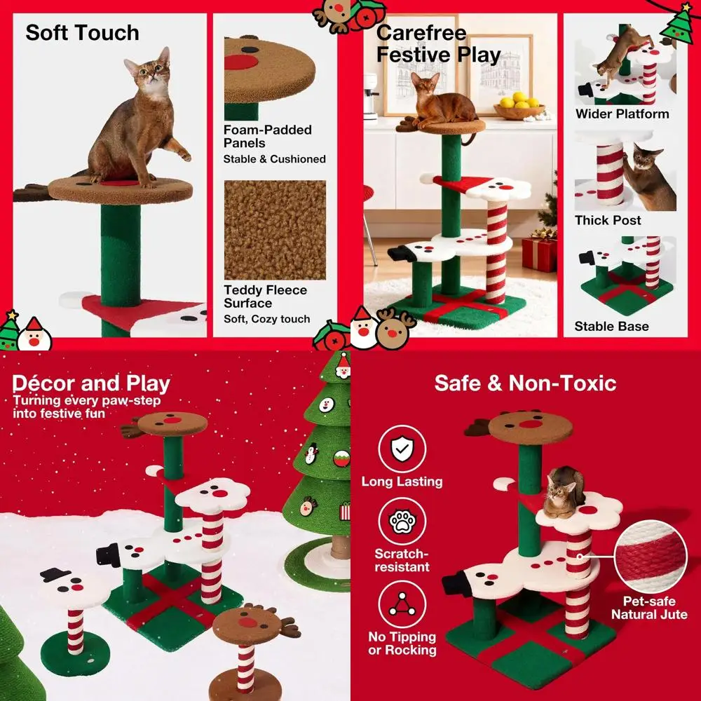 

Indoor Christmas-Themed Cat Tree: 38.6 Multi-Level Soft-Touch Tower with Scratching Post, Santa, Reindeer, Snowman