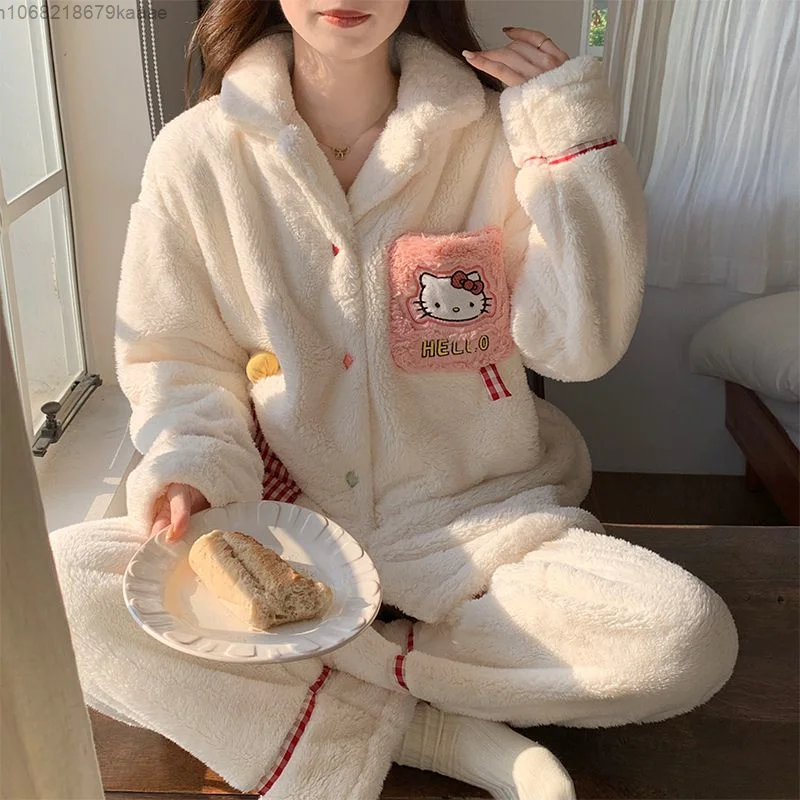 Hello Kitty Autumn Winter Flannel Pajamas Cute Printed Polka Dot Long Sleeve Sleepwear Women\'s Fashion Trend Home Clothes Set