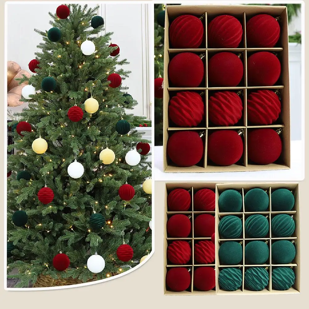 12-teiliges Samt-Weihnachtsbaumschmuck-Set, grün/rot beflockte hängende Weihnachtskugeln, Ornamente, bruchsichere Weihnachts-Party-Dekoration