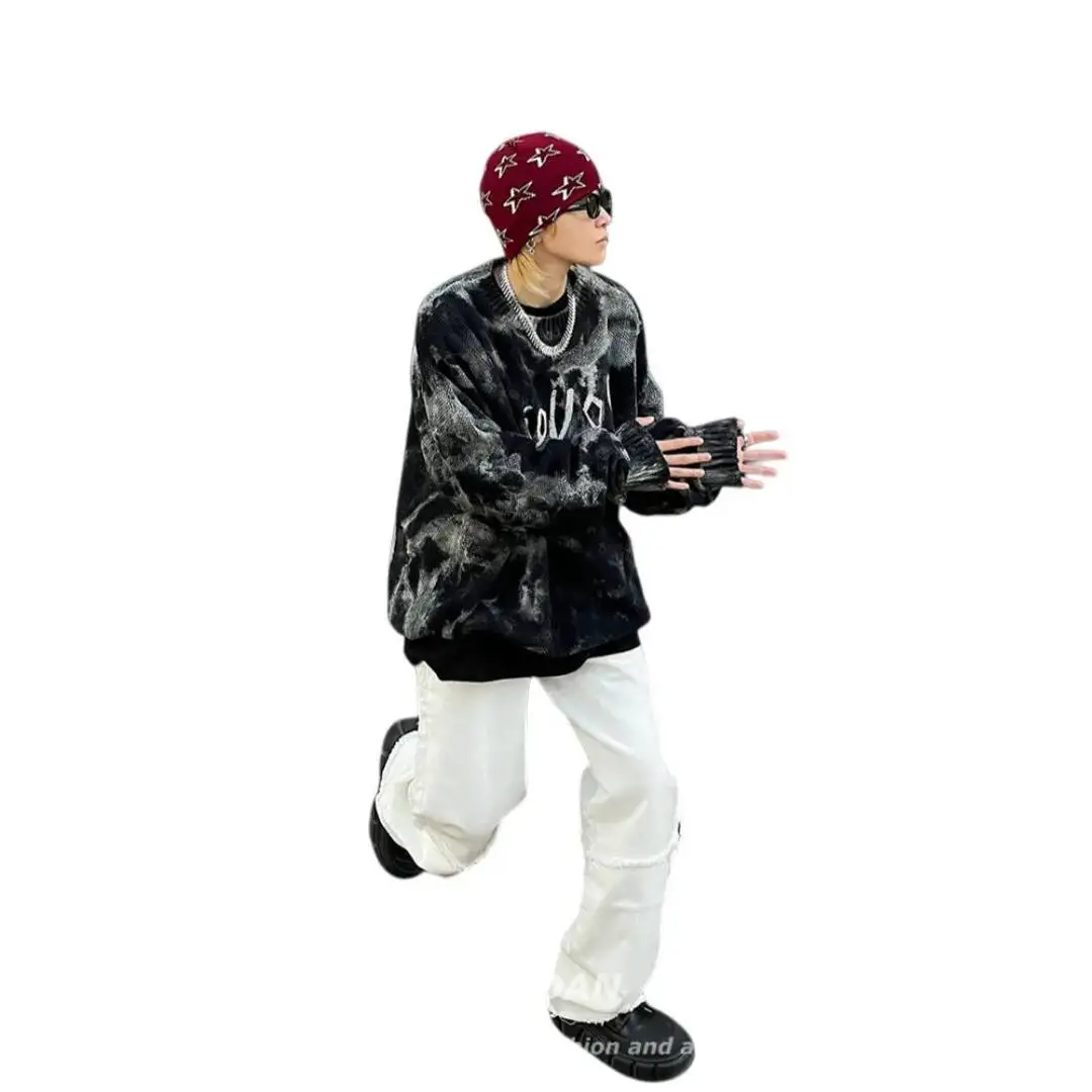 Gothic Punk Men's Knitting Sweater Retro Tie Dye Gradient Knit Sweater Black Street Style Hip Hop Fashionable Pullover Outerwear