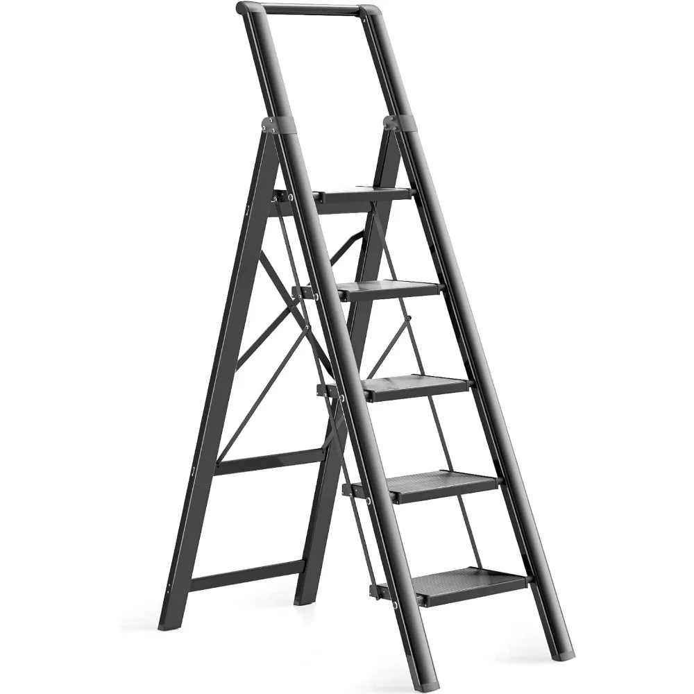 

5 Step Ladder, Ladnamy Folding Step Stool with Wide Anti-Slip Pedal&Handrail, Aluminum Lightweight Portable Step Stools for Adul