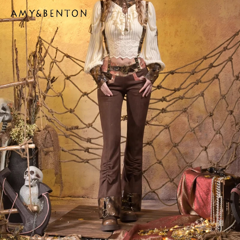 

Punk Design Low Waist Hot Girl Lace Retro Flared Trousers Original Design 2025 Autumn New Sweet Cool Versatile Overalls Ladies