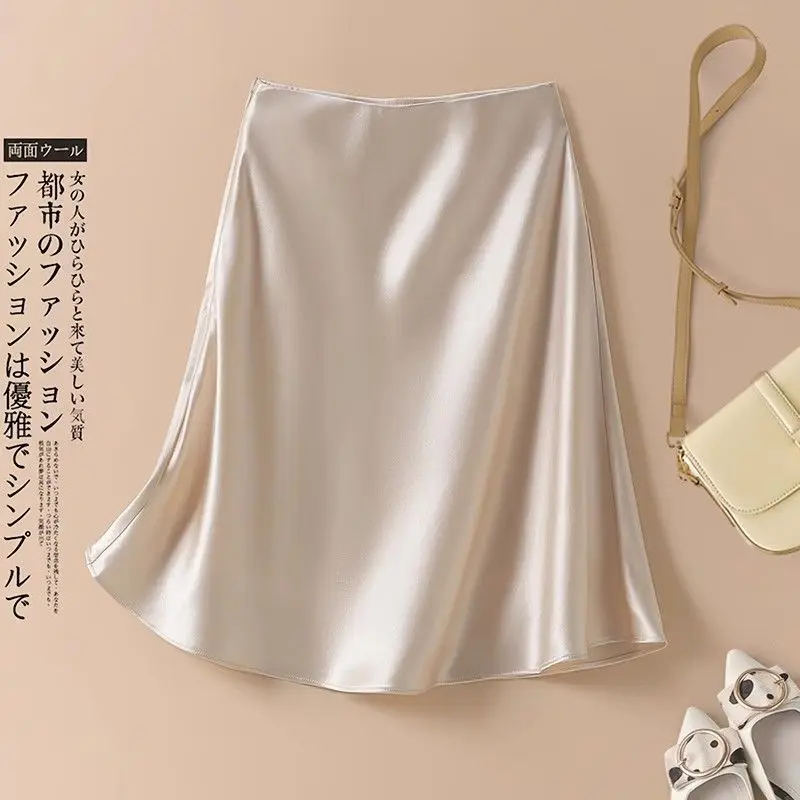 2024 Summer New Women's Glossy Satin High Waist A-Line Midi Skirt Draped Hip Wrap Slimming Fashion Versatile Casual Daily Party