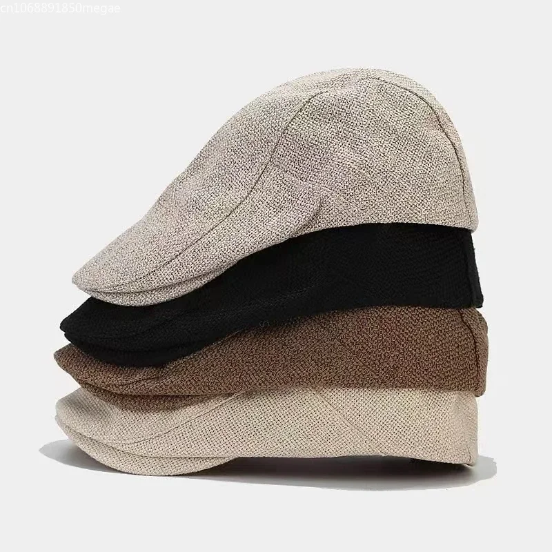 1pc Summer Mens Beret Linen Peaked Cap Adjustable  Cap Breathable Vintage Solid Black Ivy Duckbill Hat Boinas Para Mujer