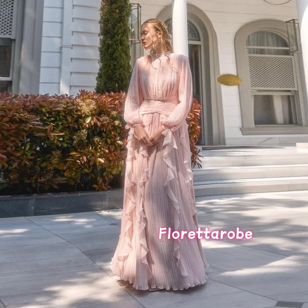 

Elegant Pink Long Evening Dress Ruffles A-Line Pleated Formal Beads Prom Dresses Floor Length Dubai Muslin Prom Gown Customized