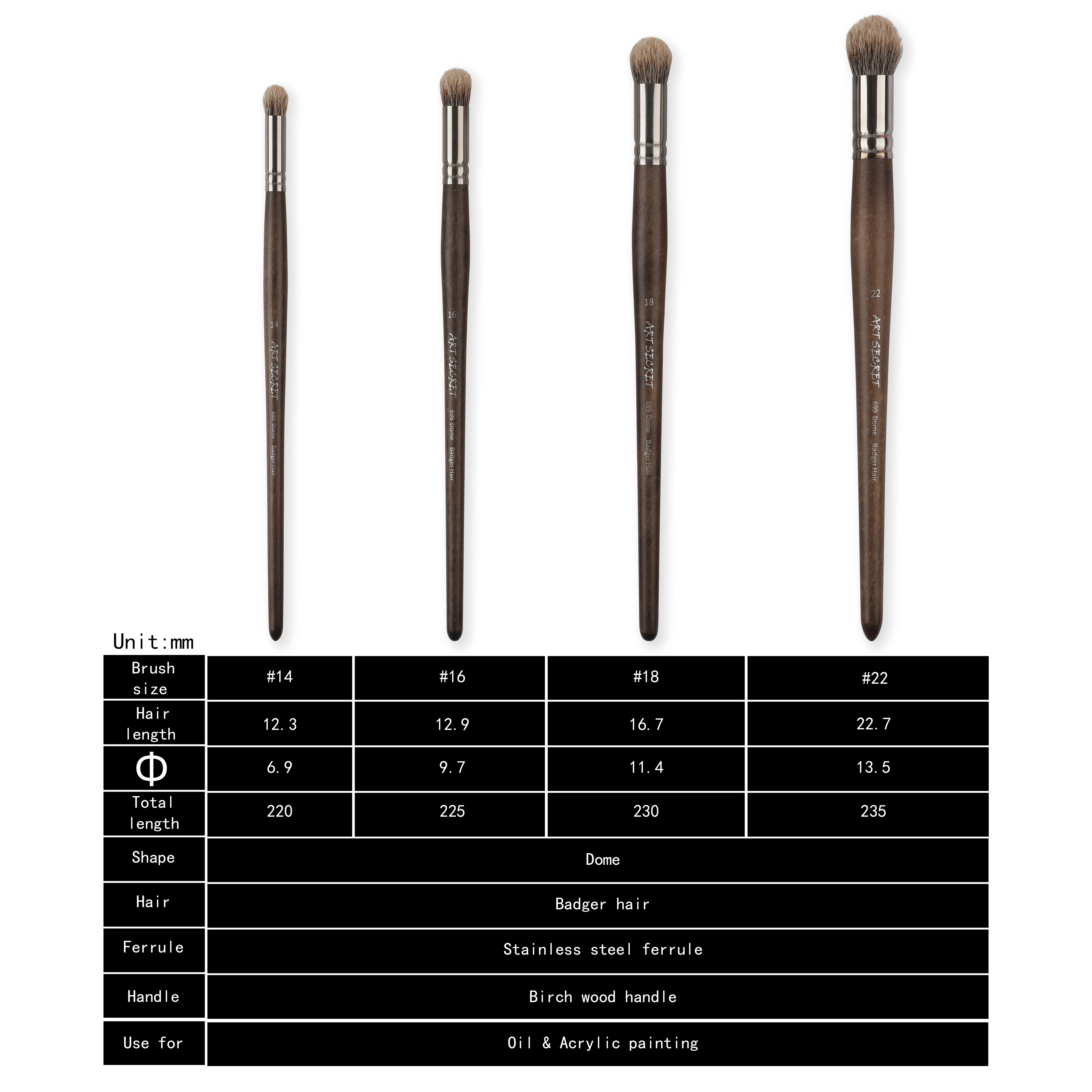 Artsecret #699 dome 4pcs/Set Badger Hair Animal Hair Birch Rod Quaint Style Gouache Painting Pen Artist Oil Painting Brushes