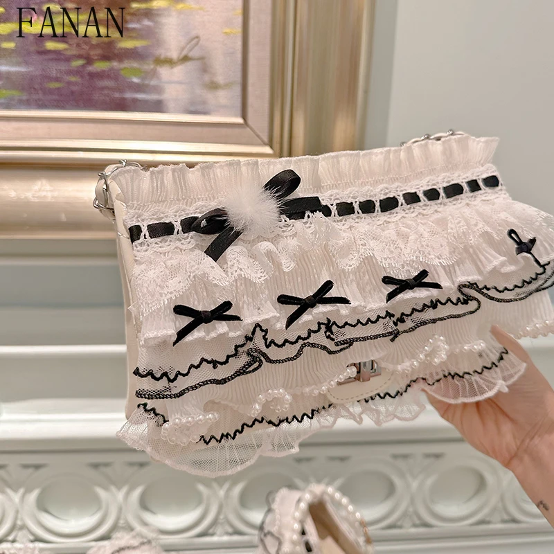 

Top-Handle Bags Contrasting Princess Style Women's Handbags Elegant Sweet Shoulder Handbag Bow Pearl Lace Cake Kawaii Bag