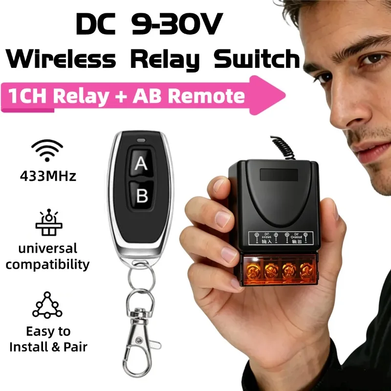 RF 433Mhz Wireless Remote Control Switch DC 12V 24V 10A Relay 1CH Receiver Controller and 2-key RF 433 Mhz Transmitter