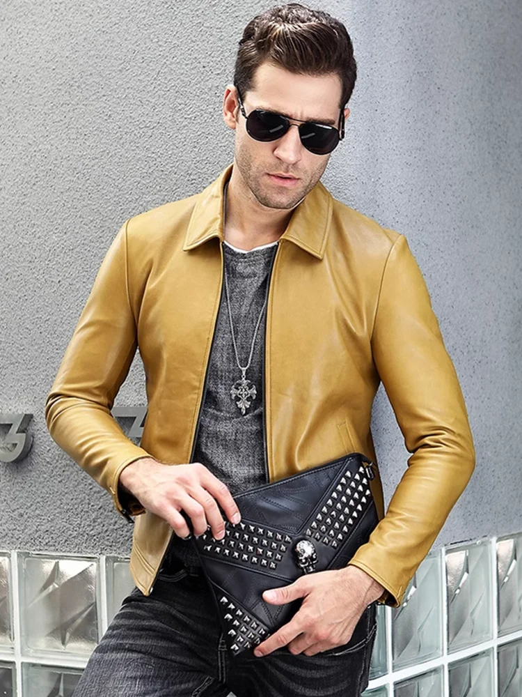 Spring New Business Men Work Slim Fit Jacket Sheepskin Genuine Leather Jacket Lapel Collar Zipper Short Style Outerwear Coats