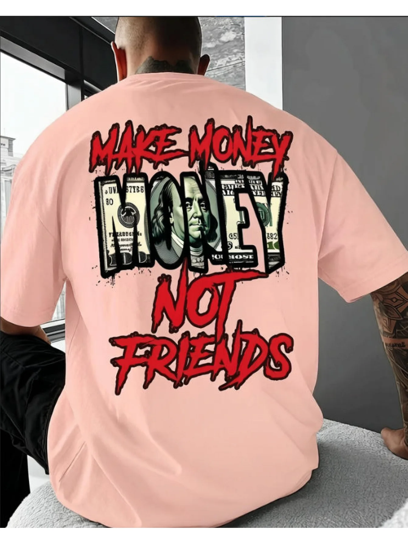 [Printed Design Not Textured] MAKE MONEY NOT FRIENDS Slogan Print Crew Neck T-Shirt, Simple Fashion Design, Comfortable for Outdoor Summer Wear, Versatile for Daily Commute, All Season Casual Top, Ideal Gift Choice