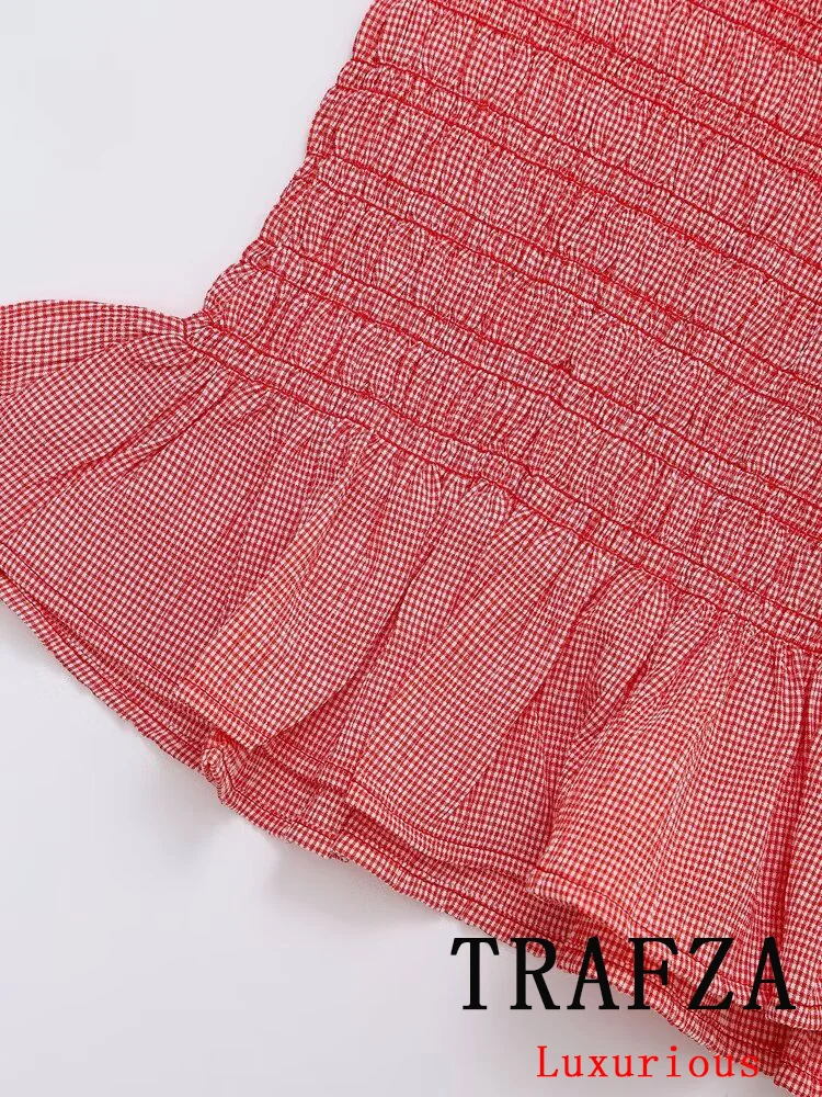 TRAFZA Vintage Chic Women Red Plaid Suit scollo a v Slim Elastic top Ruffles gonna corta New Fashion 2024 Summer Beach Holiday Sets