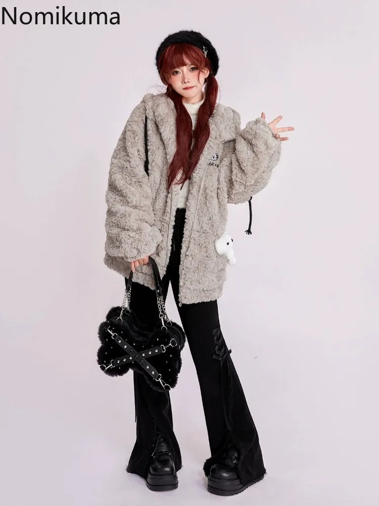 Lamb Wool Furry Cute Jackets Winter Clothes Women Thicked Hooded Kawaii Outwear 2024 Ropa Mujer Casual Fashion Warm Coat Tops