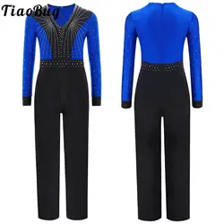 Traje de baile latino para niños, mono de manga larga de competición, patinaje artístico, traje de actuación de salón, leotardo completo con diamantes de imitación