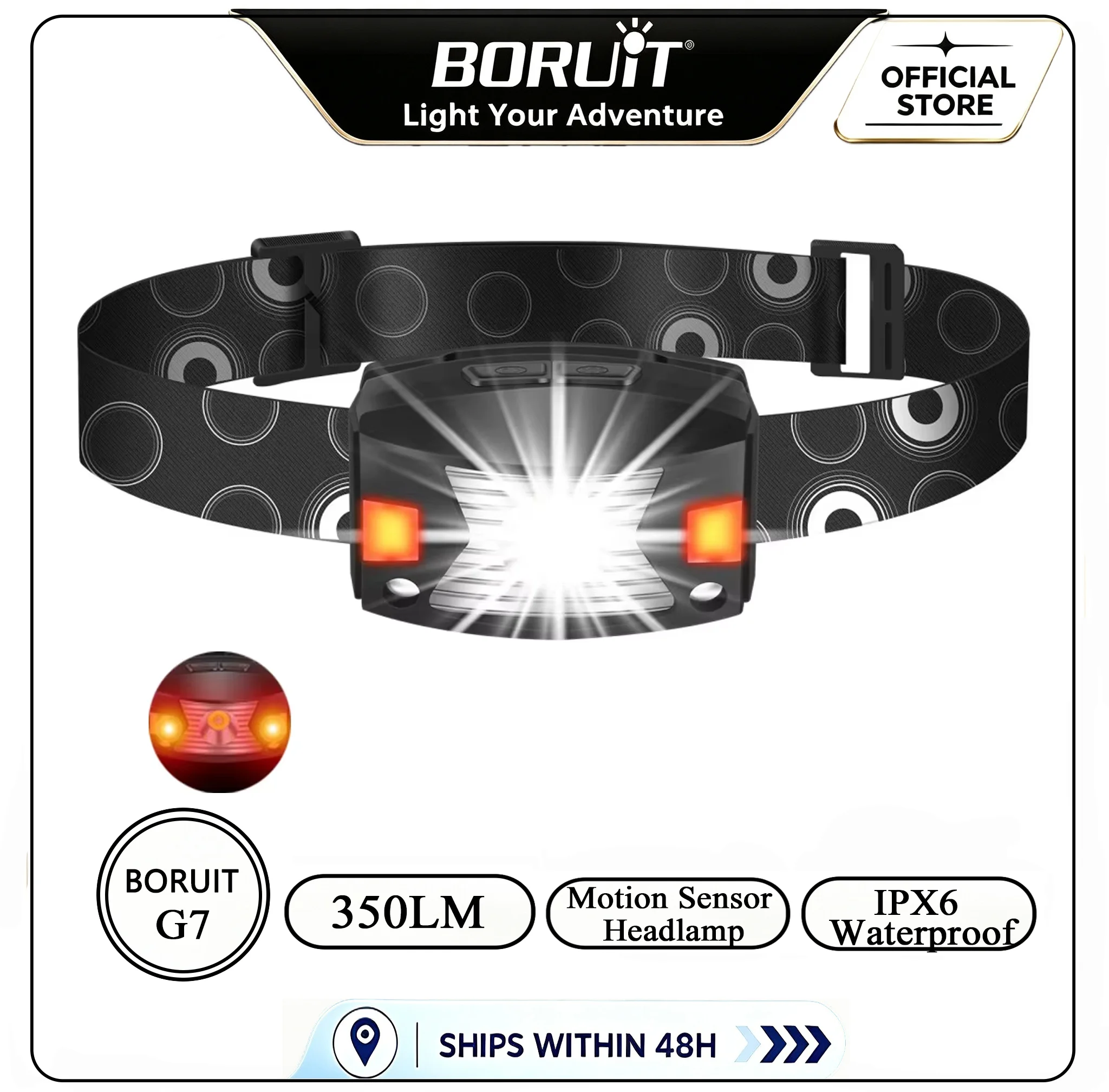 BORUiT G7 350LM Motion Sensor LED Headlamp Type-C Rechargeable   650mAh Headlight Waterproof Camping Red Light Head