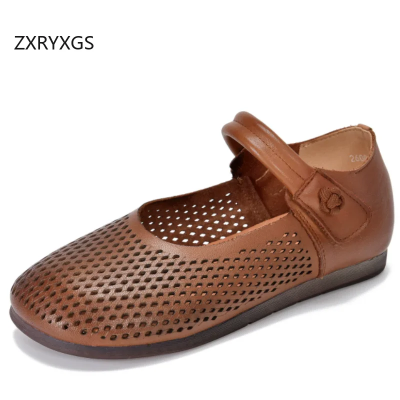 

Сандалии ZXRYXGS из натуральной кожи с круглым носком, полые, полностью из натуральной кожи, летние, плоские, дышащие, удобные женские сандалии 2026 года