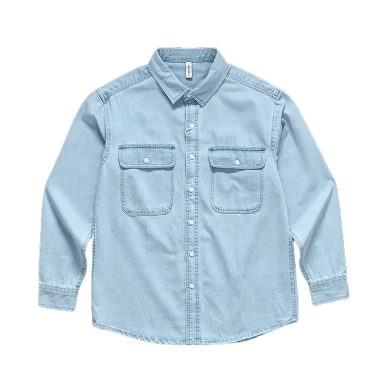 Spring And Autumn Men\'s Denim Long Sleeved Shirt With Double Pockets American Work Style Loose Fitting Washed Denim Shirt Jacket