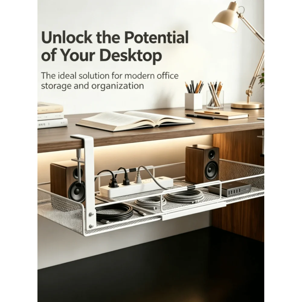 1pc Large Capacity No-Drill Metal Under-Desk Cable Management Tray, Minimalist Solid Color Rectangular Mesh Basket, Clamp-On Installation, Wire Storage Organizer, Home Office Desk Cable Management Tool